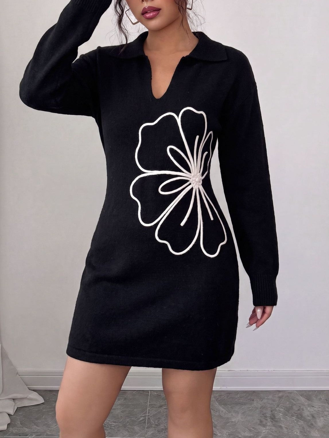 Floral Applique Collared Sweater Mini Dress - Black - 1