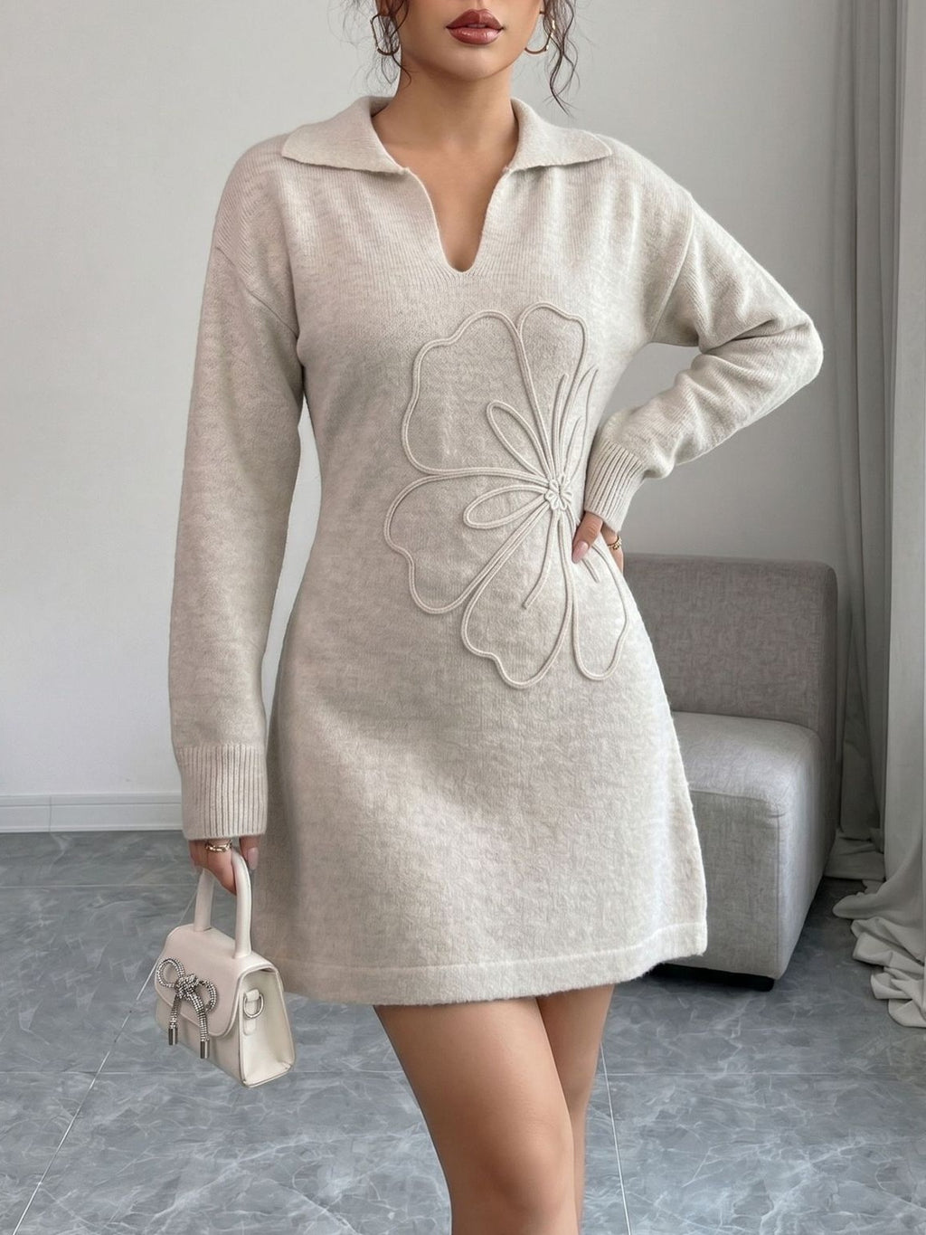 Floral Applique Collared Sweater Mini Dress - Off_White