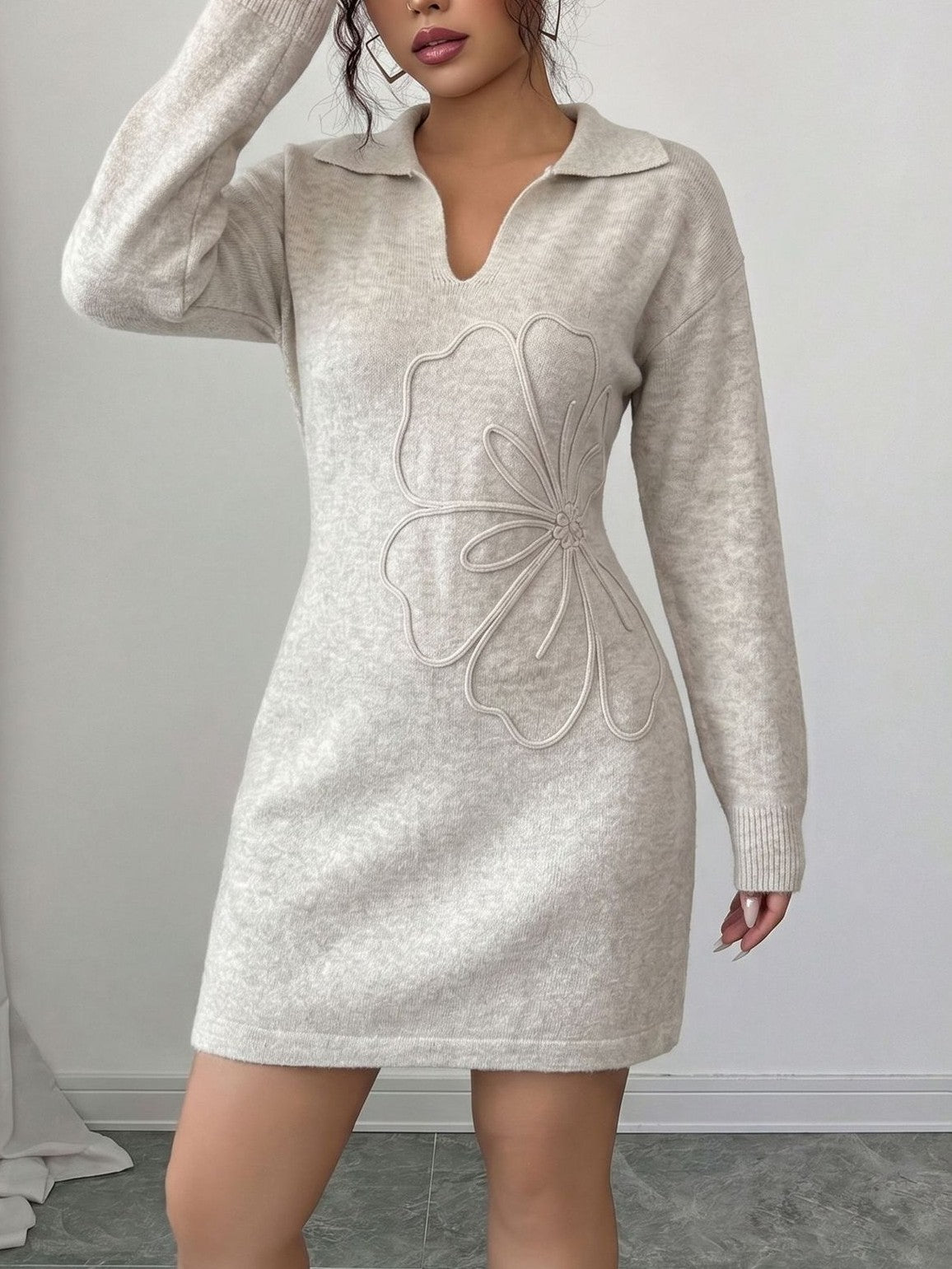 Floral Applique Collared Sweater Mini Dress - Off_White - 2