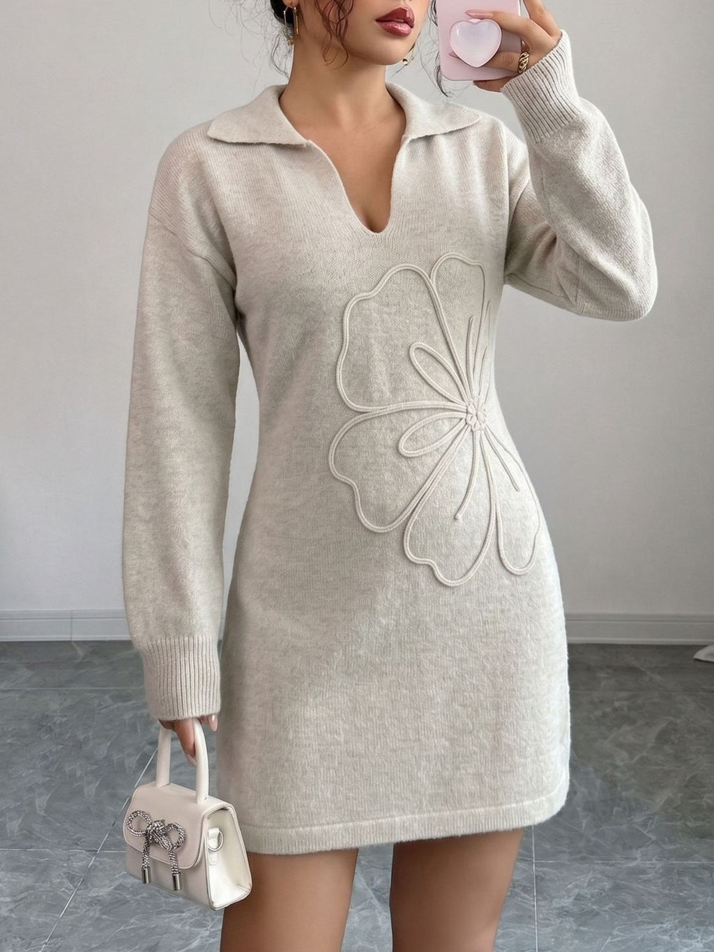 Floral Applique Collared Sweater Mini Dress - Off_White - 3