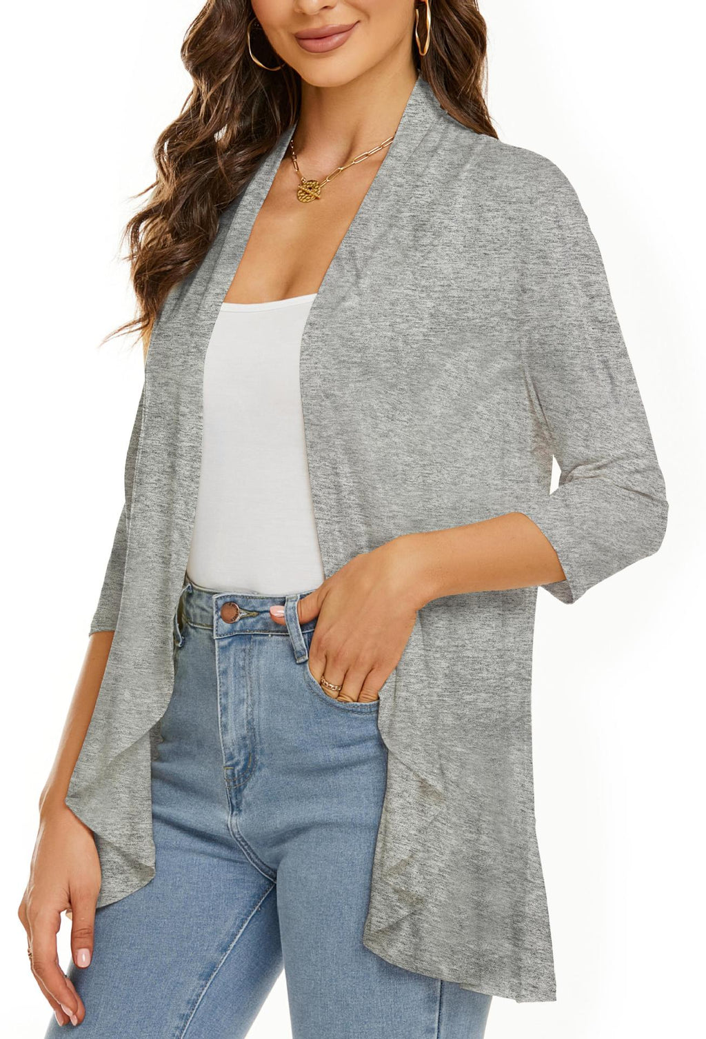 Ruffle Hem Open Front Cardigan Jacket - Light_Gray
