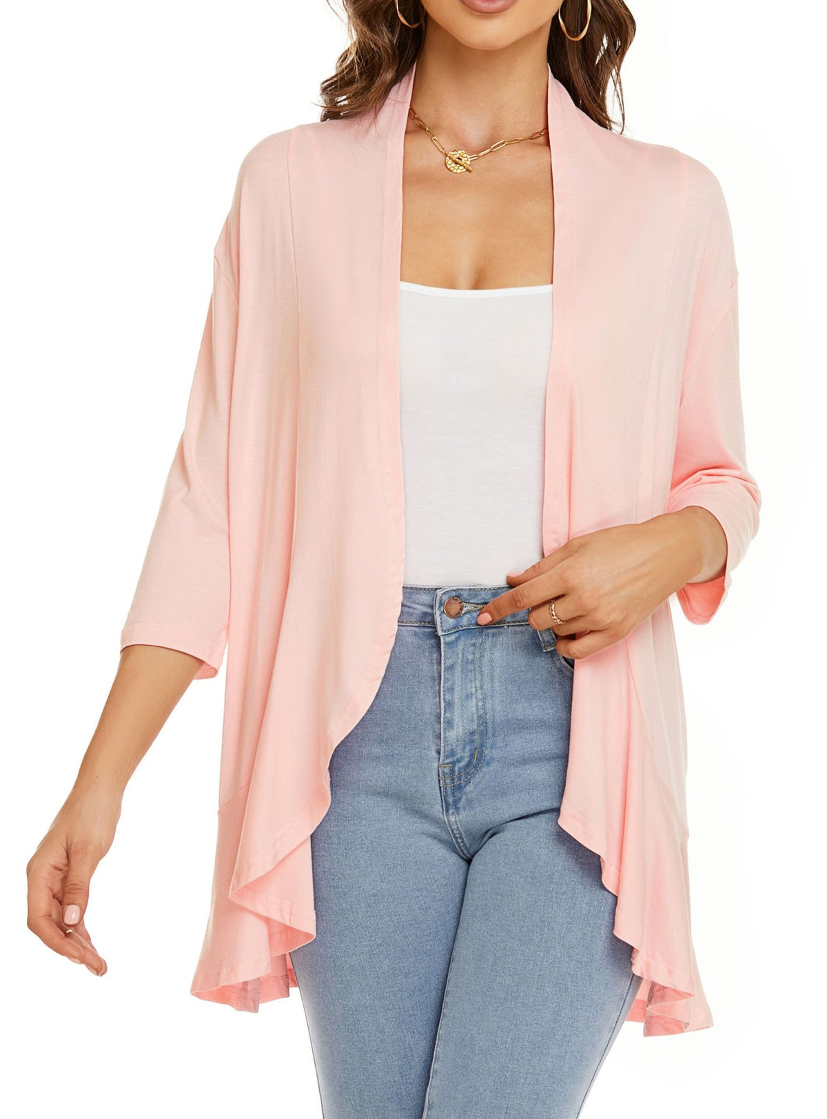 Ruffle Hem Open Front Cardigan Jacket - Pink