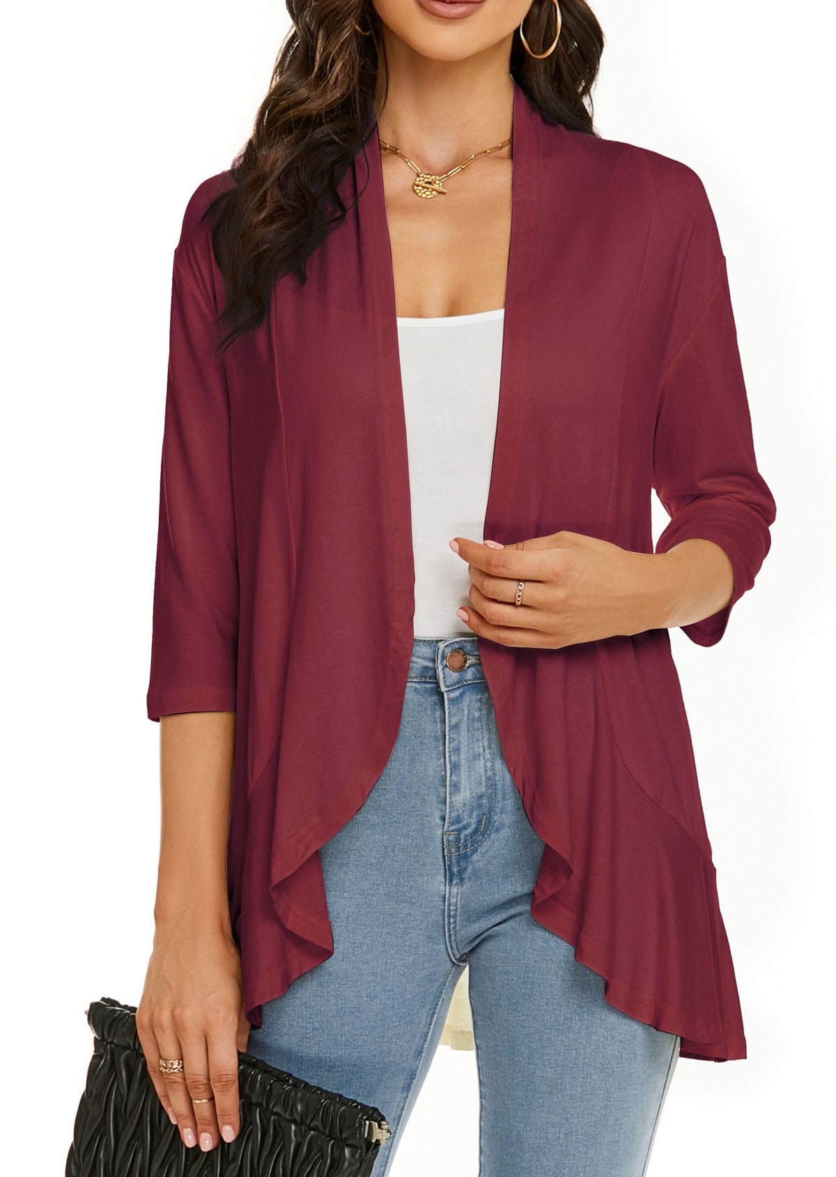 Ruffle Hem Open Front Cardigan Jacket - Red