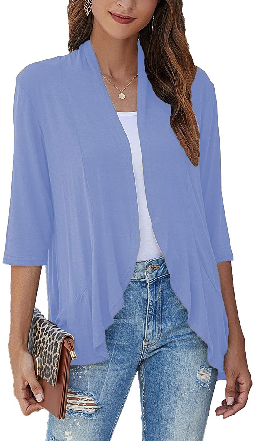 Ruffle Hem Open Front Cardigan Jacket - blue
