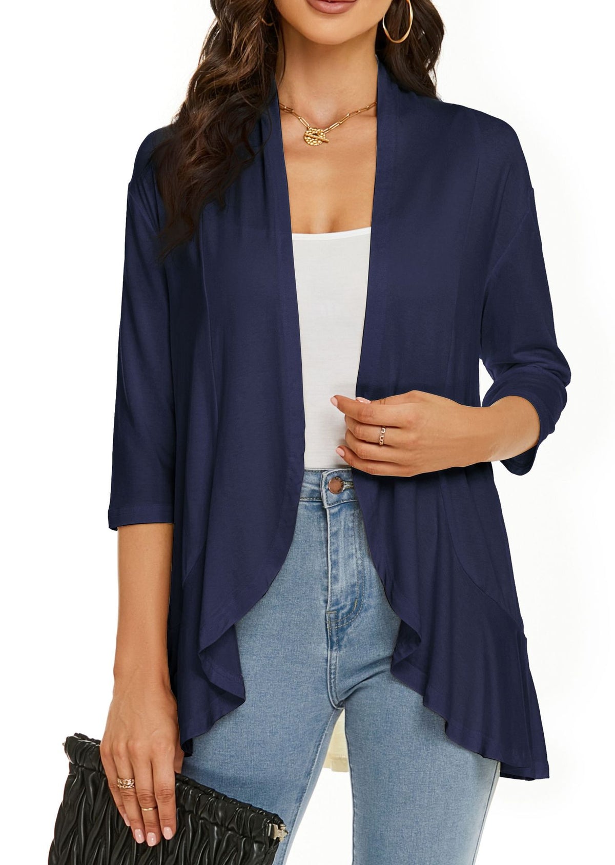Ruffle Hem Open Front Cardigan Jacket - navy