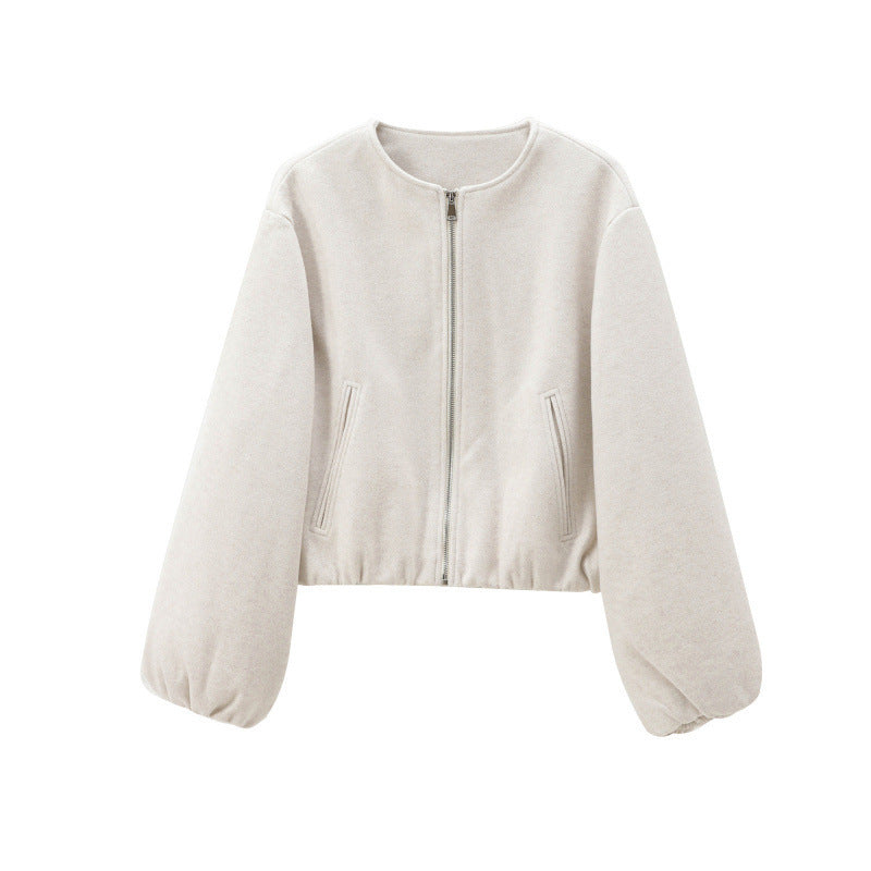 Cropped Zip Jacket With Balloon Sleeves - Beige