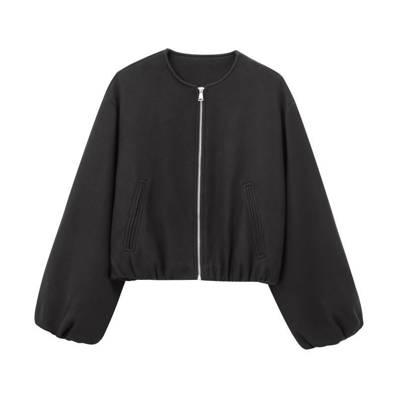 Cropped Zip Jacket With Balloon Sleeves - Black