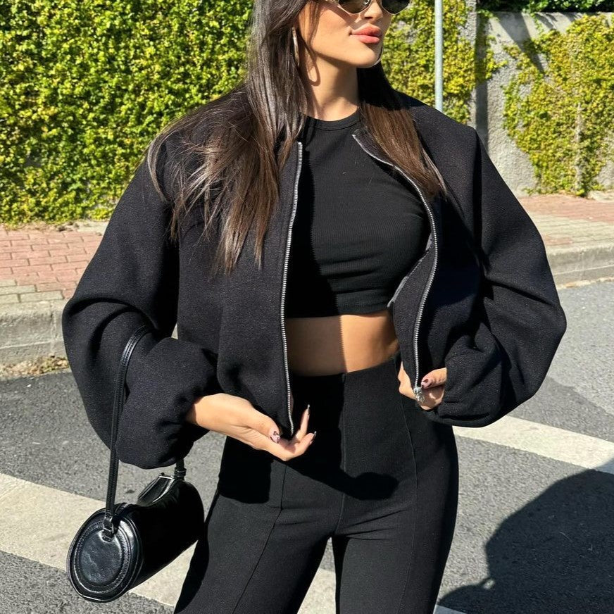 Cropped Zip Jacket With Balloon Sleeves - Black - 1