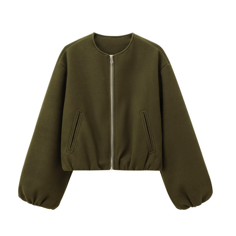 Cropped Zip Jacket With Balloon Sleeves - Green