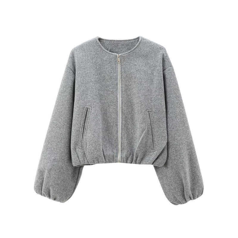 Cropped Zip Jacket With Balloon Sleeves - Grey