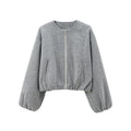 Cropped Zip Jacket With Balloon Sleeves - Grey