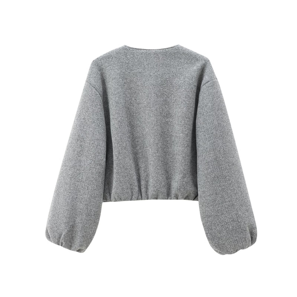 Cropped Zip Jacket With Balloon Sleeves - Grey - 1