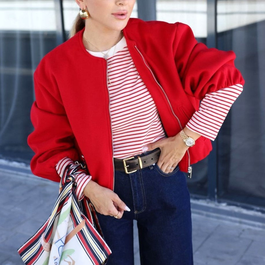 Cropped Zip Jacket With Balloon Sleeves - Red