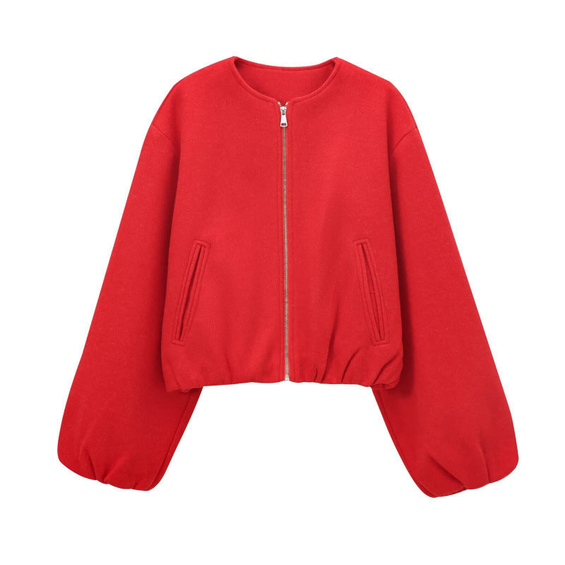 Cropped Zip Jacket With Balloon Sleeves - Red - 1
