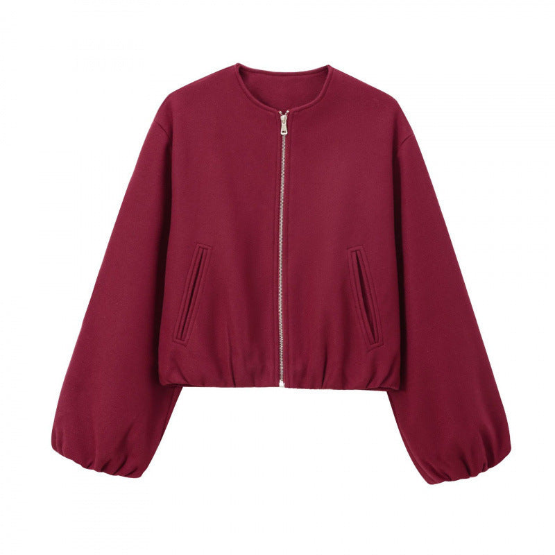 Cropped Zip Jacket With Balloon Sleeves - WineRed