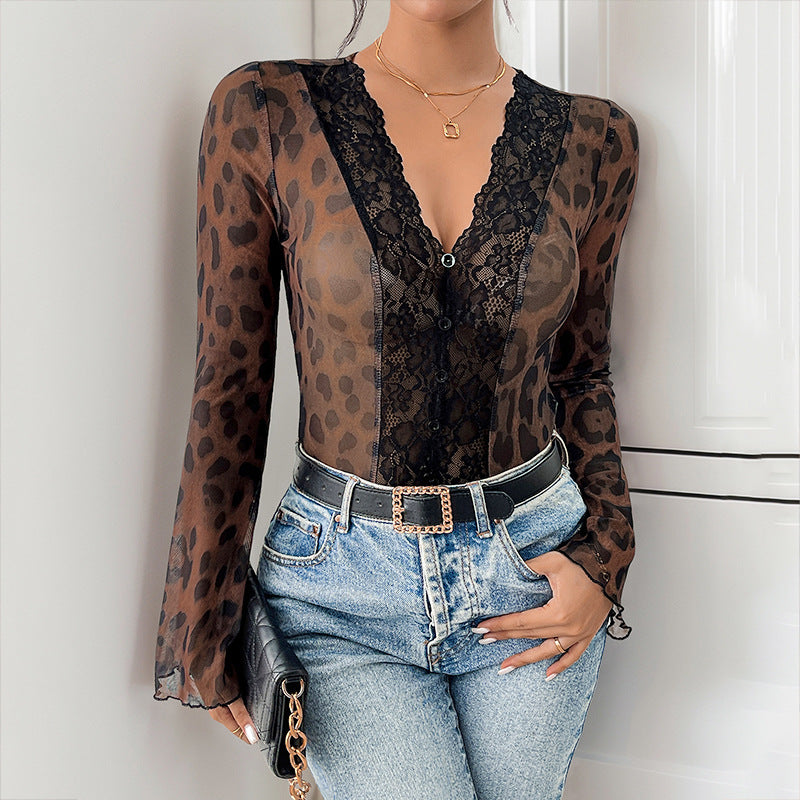 Animal Print Mesh Lace Panel Bodysuit - Coffee
