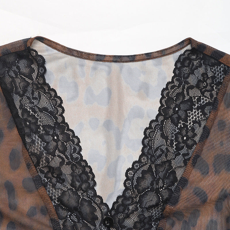 Animal Print Mesh Lace Panel Bodysuit - Coffee - 5