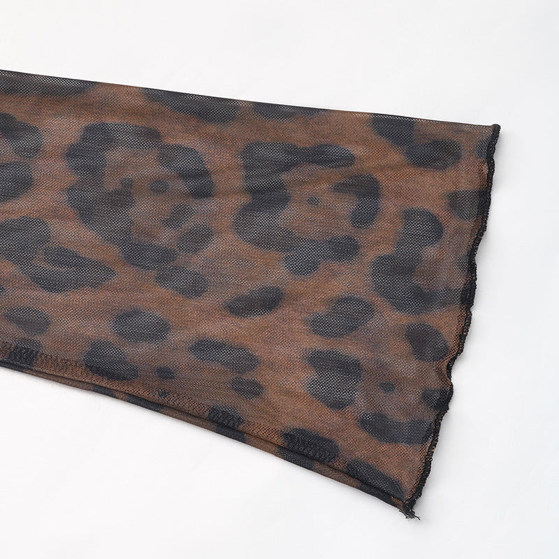 Animal Print Mesh Lace Panel Bodysuit - Coffee - 6