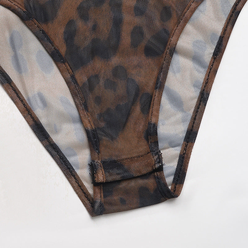 Animal Print Mesh Lace Panel Bodysuit - Coffee - 7