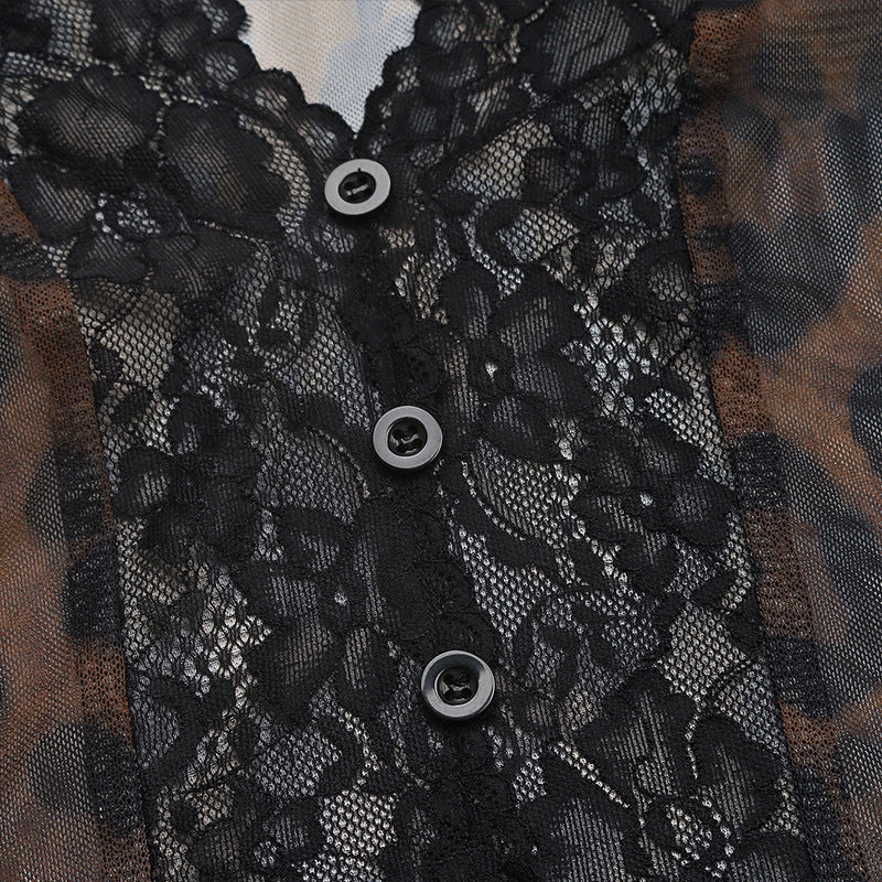 Animal Print Mesh Lace Panel Bodysuit - Coffee - 8