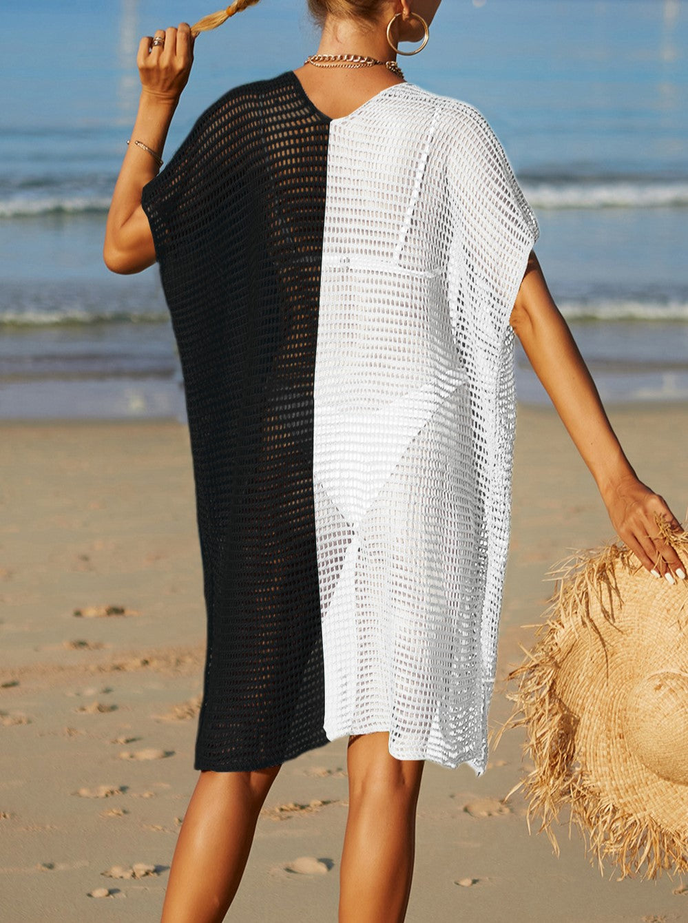 Two Tone Open Front Kimono Cover Up - Black - 2