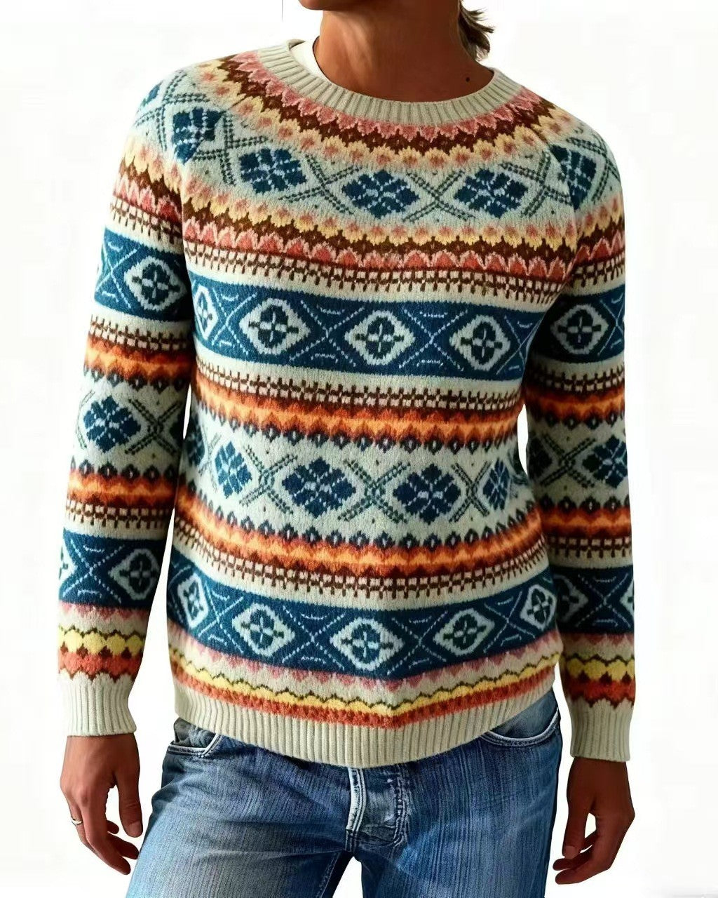 Allover Fair Isle Stripe Knit Sweater - Khaki