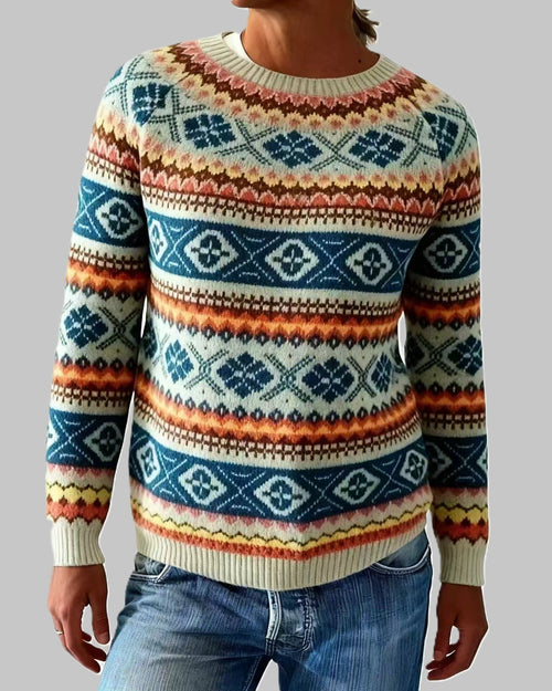 Allover Fair Isle Stripe Knit Sweater - Khaki - 1