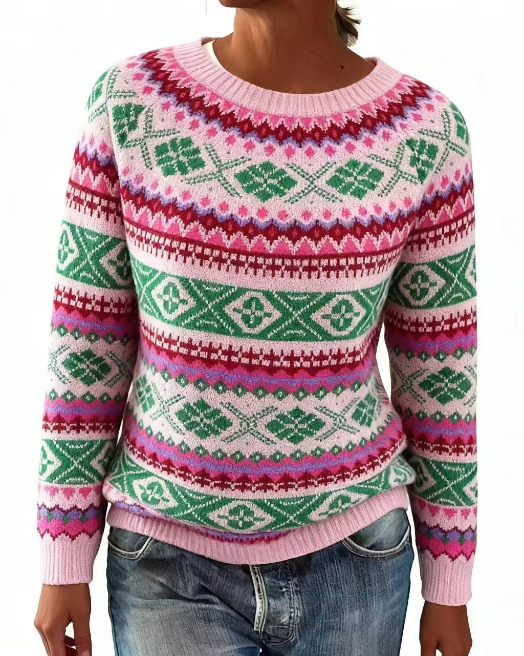 Allover Fair Isle Stripe Knit Sweater - Pink