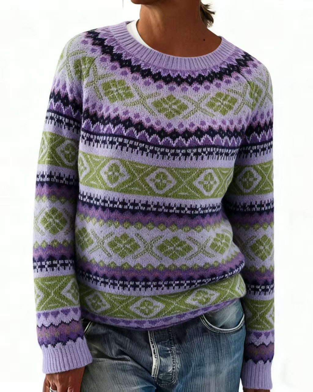 Allover Fair Isle Stripe Knit Sweater - Purple