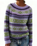 Allover Fair Isle Stripe Knit Sweater - Purple