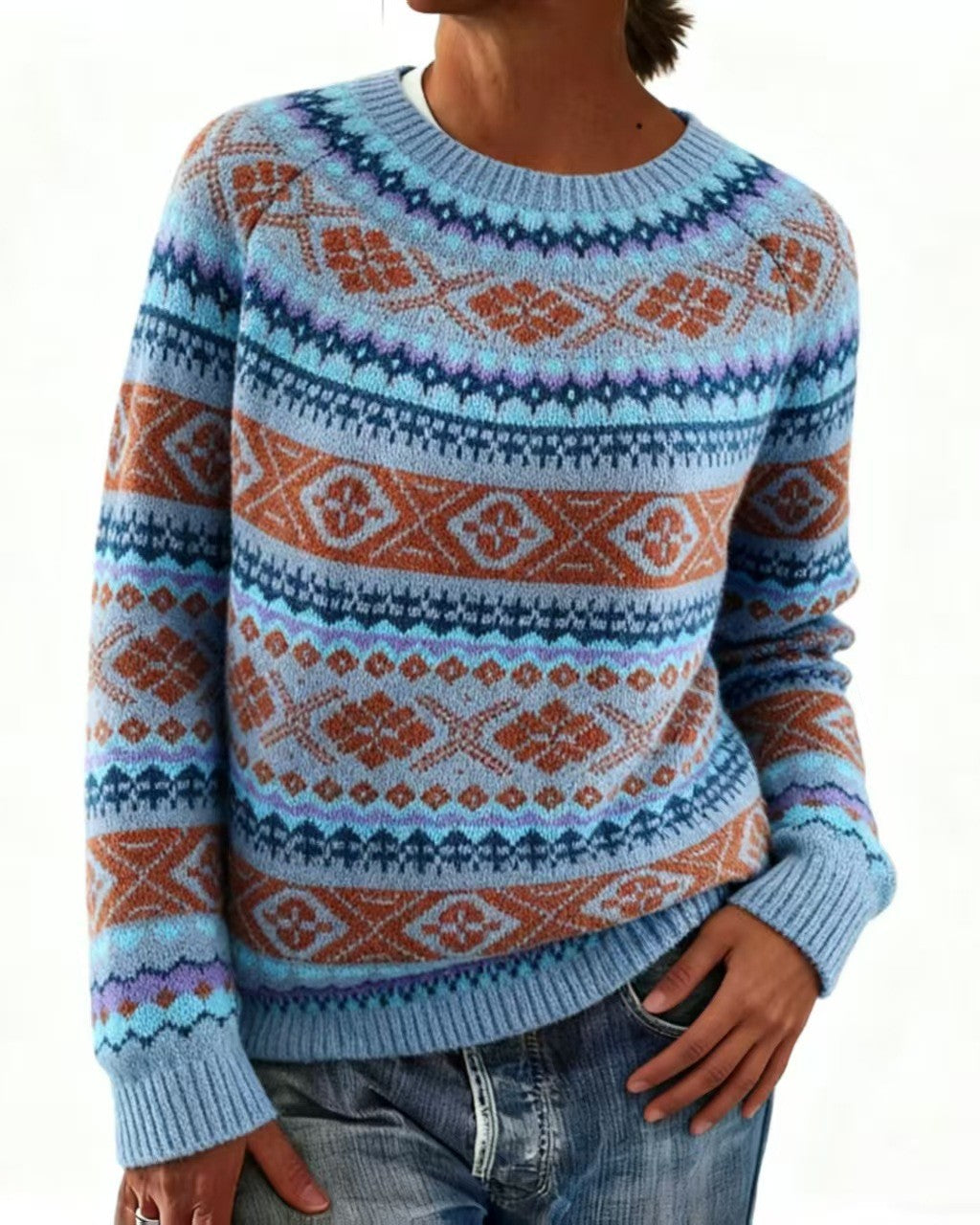 Allover Fair Isle Stripe Knit Sweater - TBlue