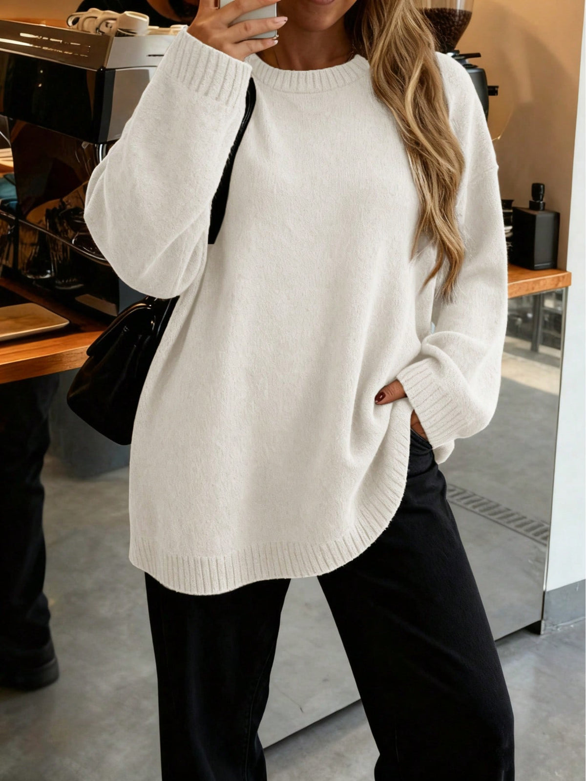 Slouchy Longline Crewneck Sweater With Ribbed Hem - Beige - 2
