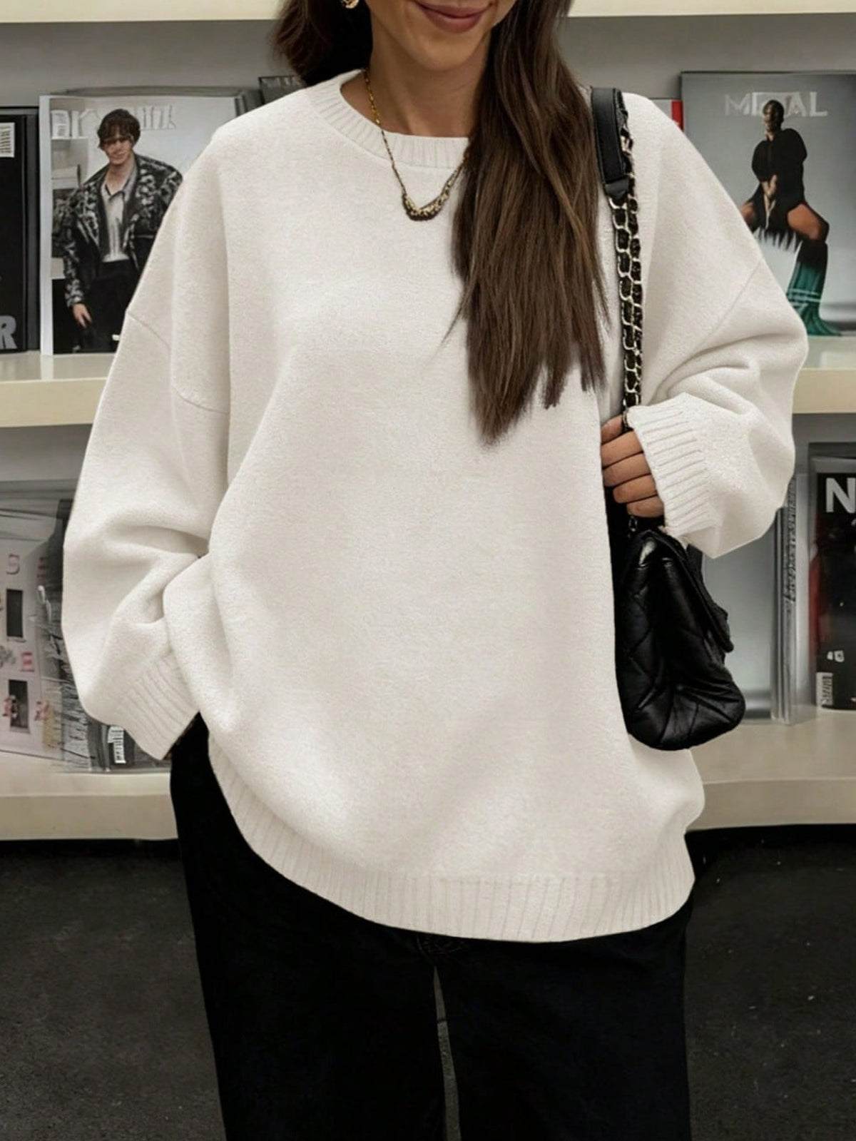 Slouchy Longline Crewneck Sweater With Ribbed Hem - Beige - 3