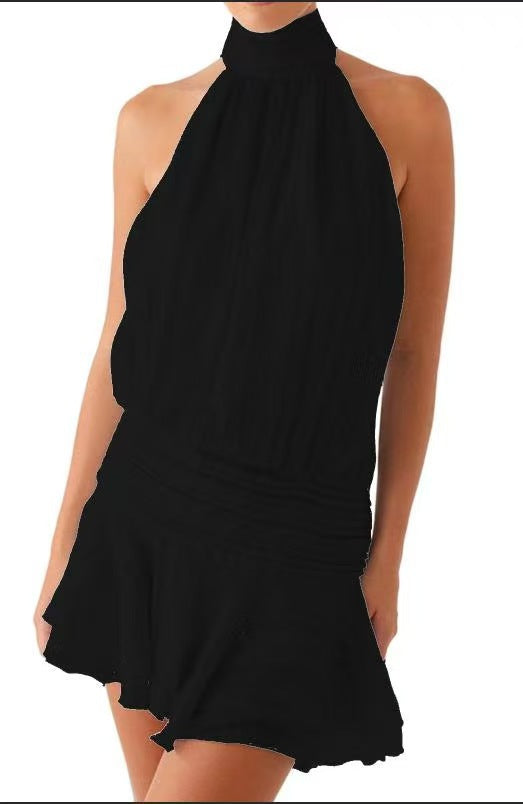 Halter Mock Neck Ruffle Hem Mini Dress - Black - 1