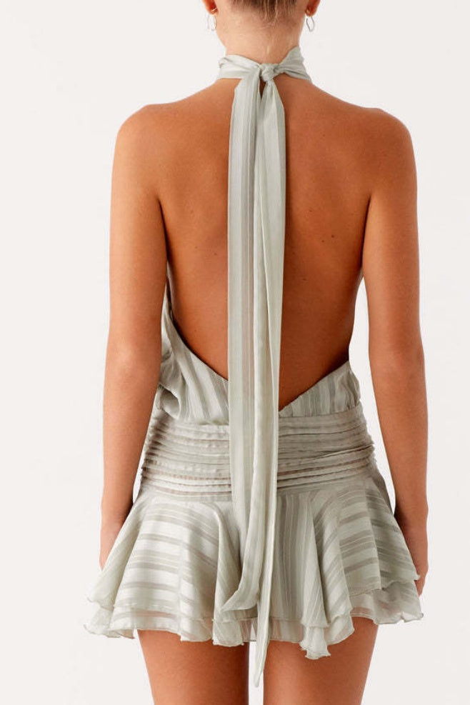 Halter Mock Neck Ruffle Hem Mini Dress - Grey - 1