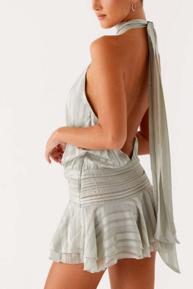 Halter Mock Neck Ruffle Hem Mini Dress - Grey - 2