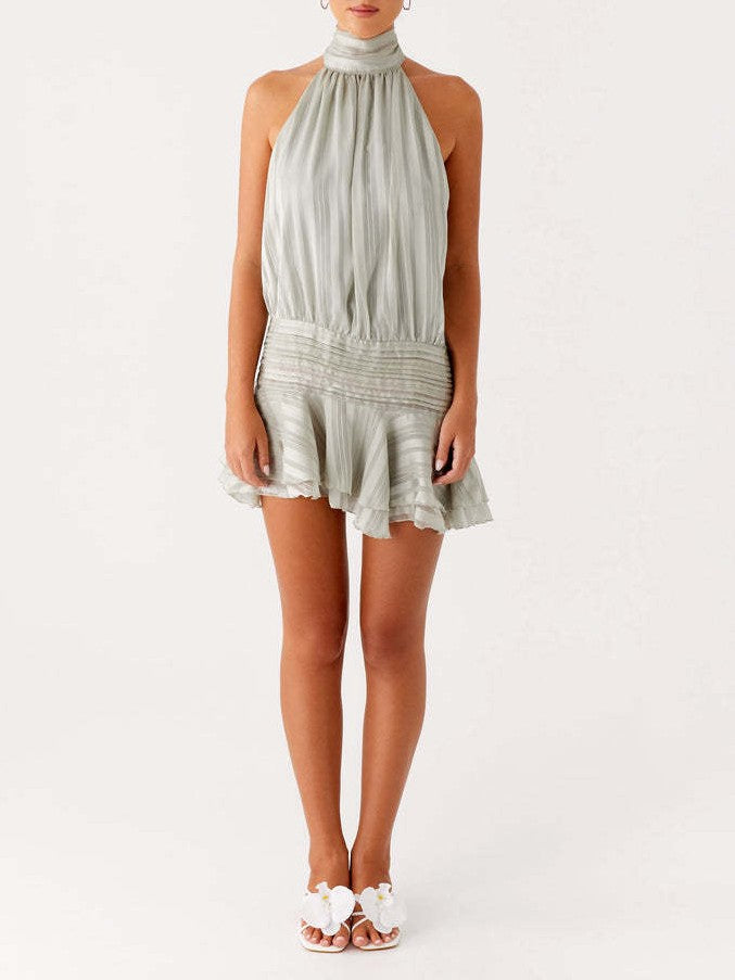 Halter Mock Neck Ruffle Hem Mini Dress - Grey - 5