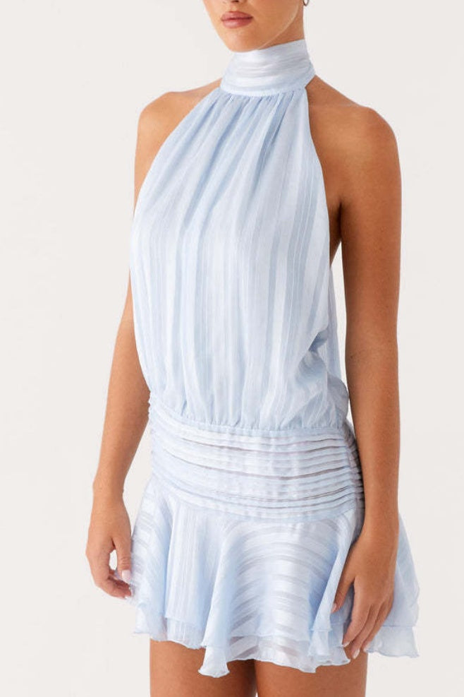 Halter Mock Neck Ruffle Hem Mini Dress - LightBlue