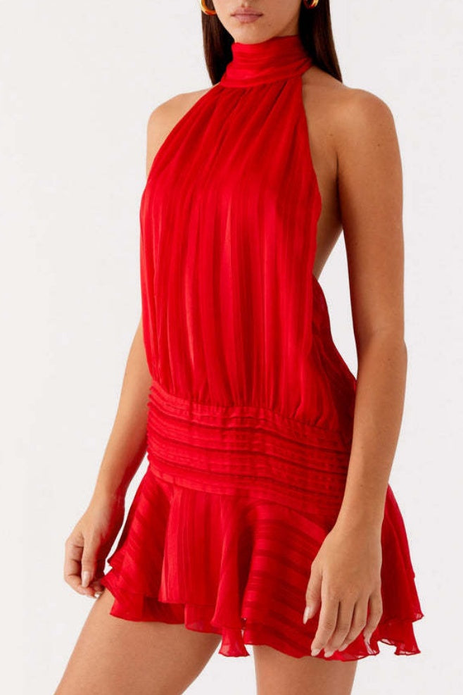 Halter Mock Neck Ruffle Hem Mini Dress - Red