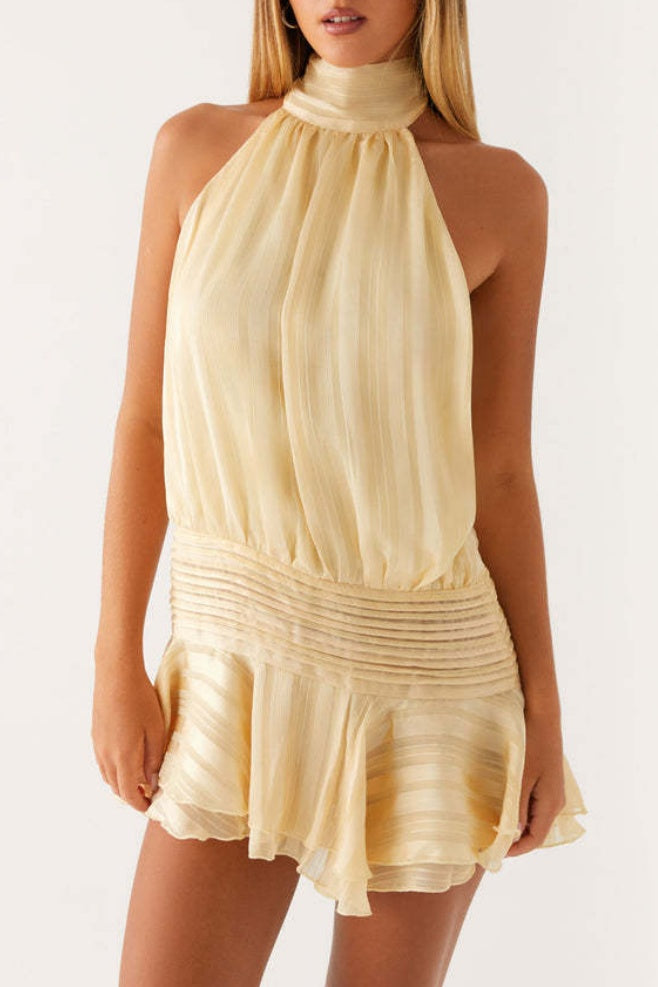 Halter Mock Neck Ruffle Hem Mini Dress - Yellow