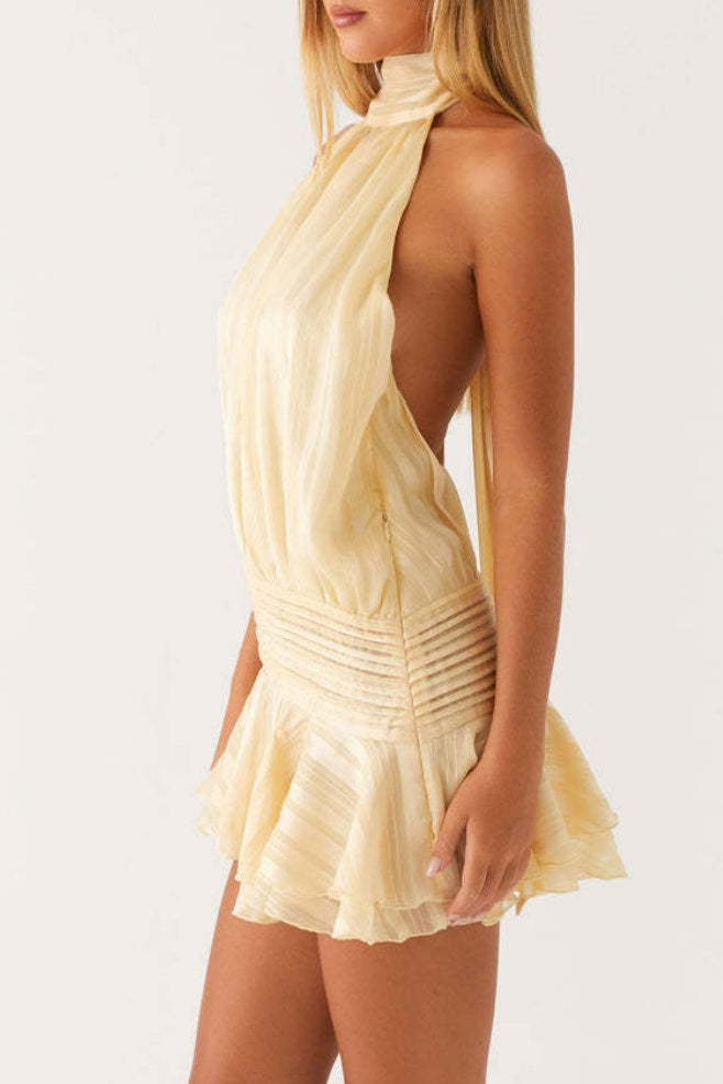 Halter Mock Neck Ruffle Hem Mini Dress - Yellow - 5