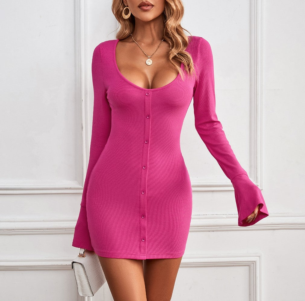 Button Front Flare Sleeve Bodycon Dress - Rose red - 1