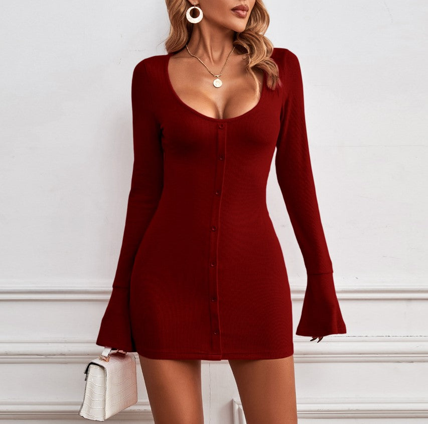 Button Front Flare Sleeve Bodycon Dress - Wine - 5