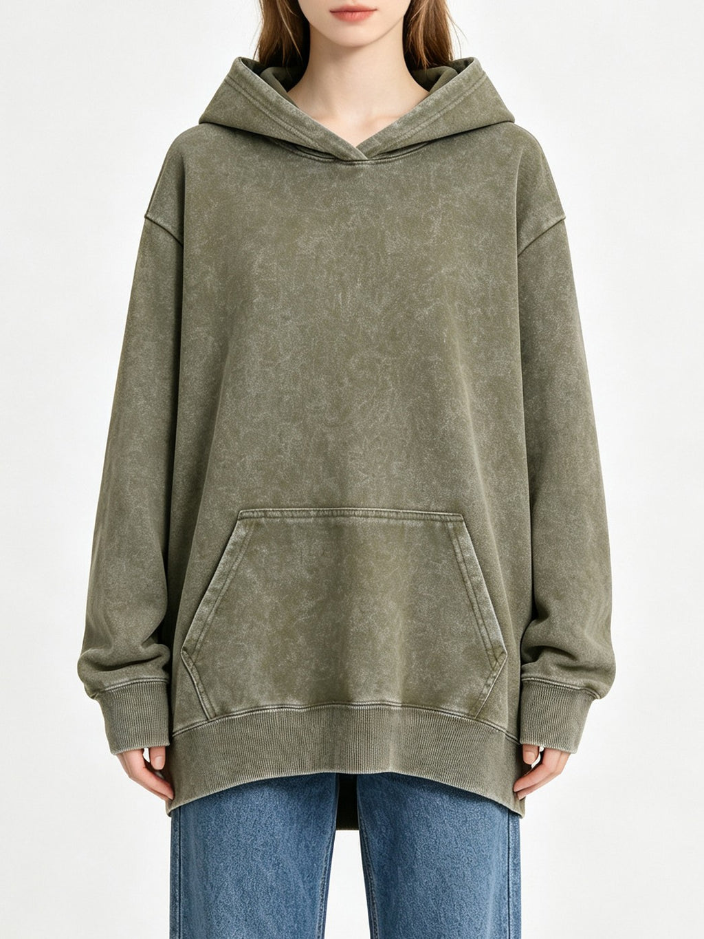 Mineral Wash Oversized Hoodie Kangaroo Pocket - Army_Green
