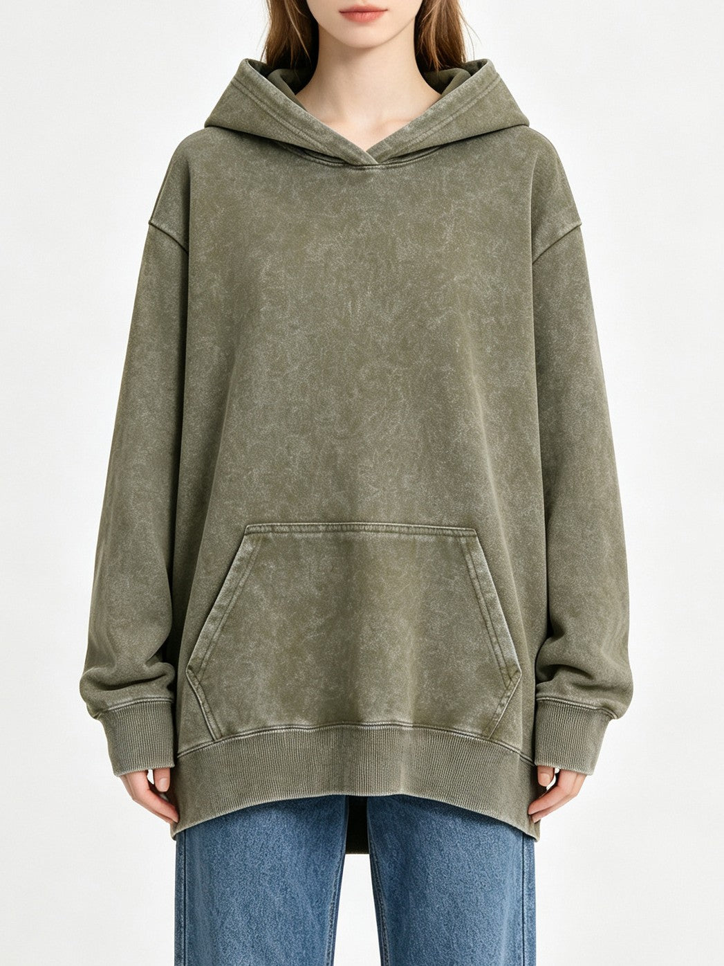 Mineral Wash Oversized Hoodie Kangaroo Pocket - Army_Green