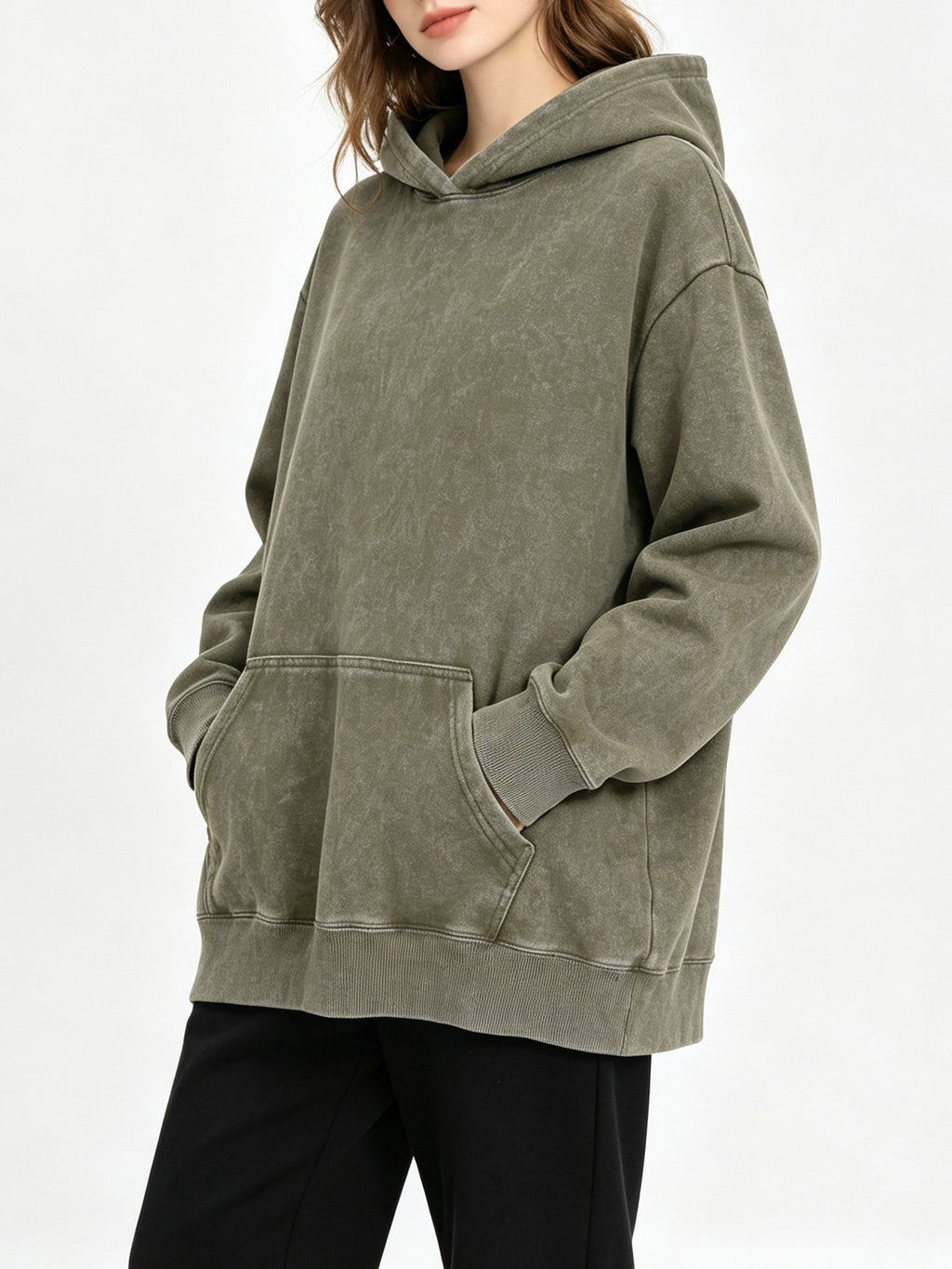 Mineral Wash Oversized Hoodie Kangaroo Pocket - Army_Green - 1