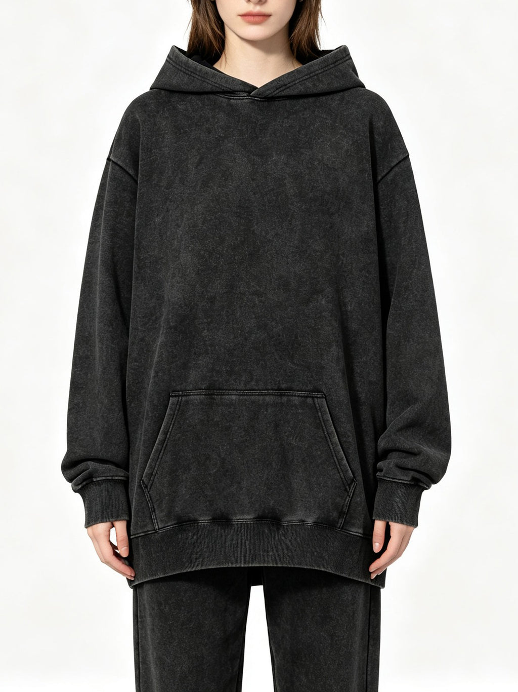Mineral Wash Oversized Hoodie Kangaroo Pocket - Black