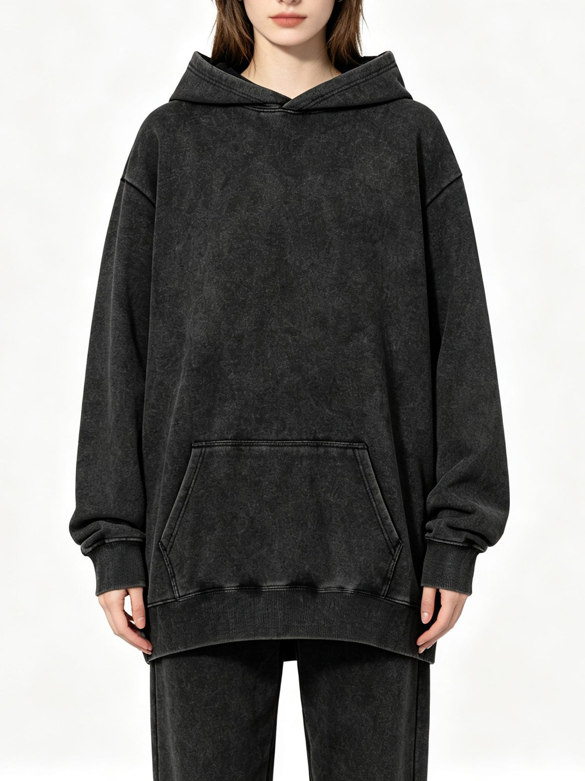 Mineral Wash Oversized Hoodie Kangaroo Pocket - Black