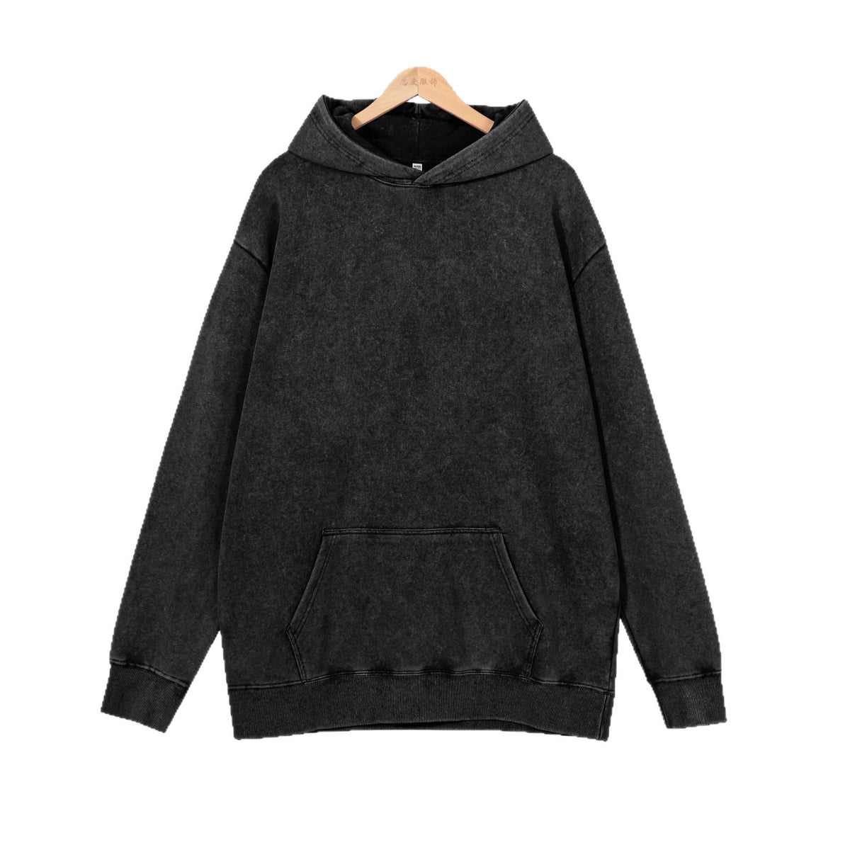 Mineral Wash Oversized Hoodie Kangaroo Pocket - Black - 1