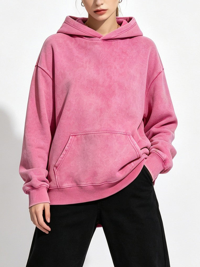 Mineral Wash Oversized Hoodie Kangaroo Pocket - Rose
